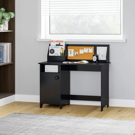 Charcoal Study Desk With Storage Cabinet And Hutch For Writing Or Computer Workstation