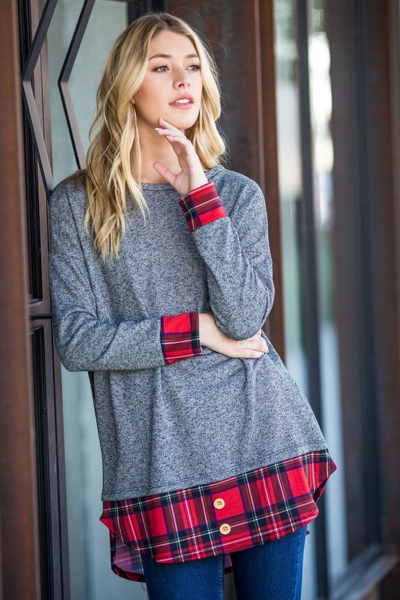 Charcoal Terry & Red Plaid Layered Tunic