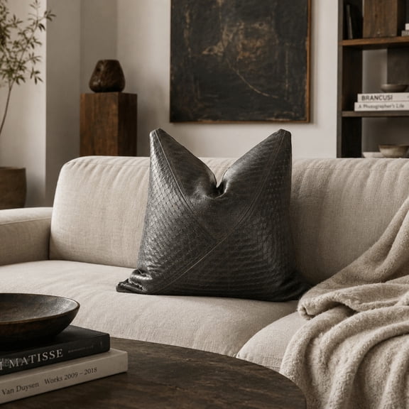 Charcoal Textured Leather Accent Pillow | Modern Elegance