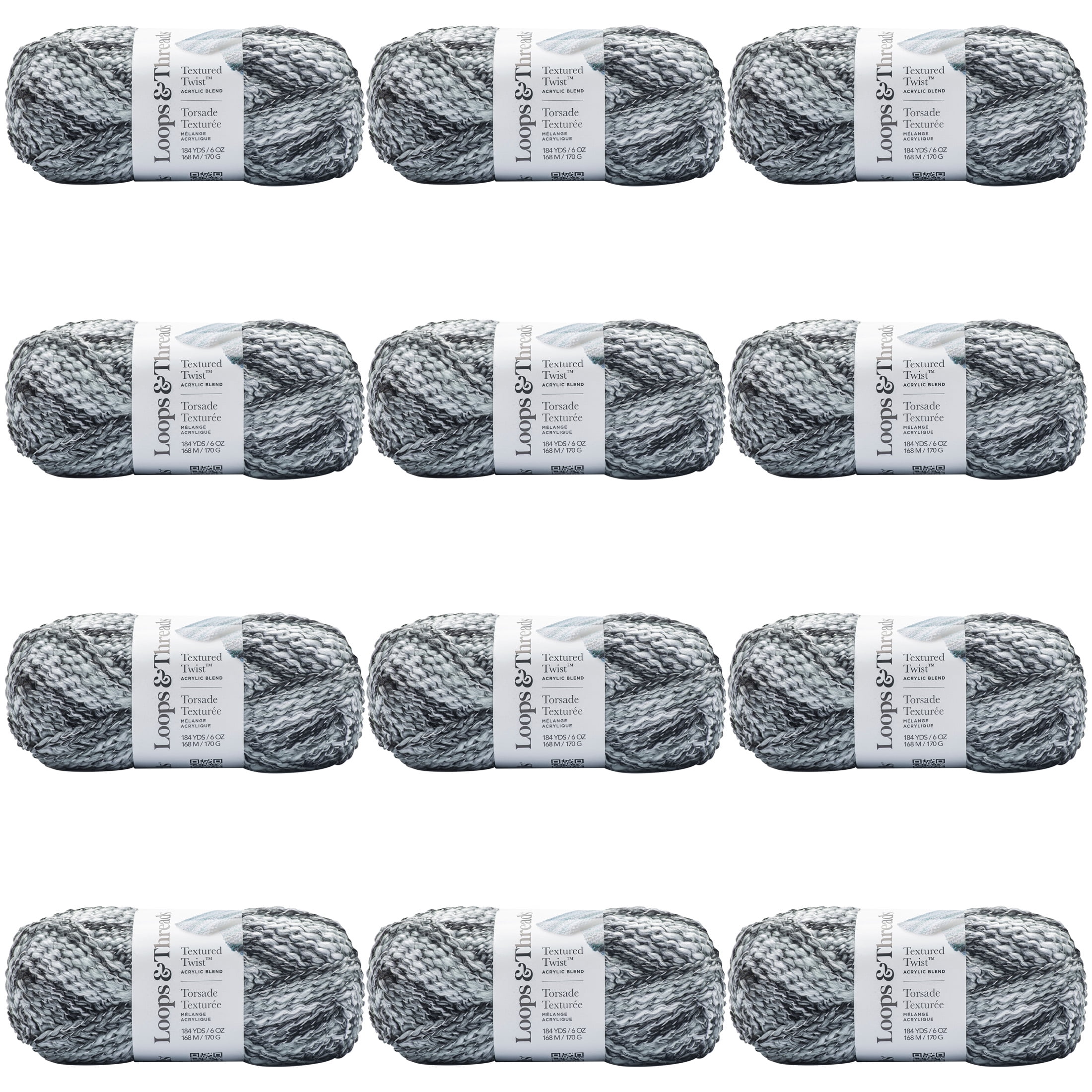 Loops & Threads Charcoal Textured Twist Yarn - Bulky Weight Yarn for Knitting, Crochet, Weaving, Arts & Crafts, 12 Pack