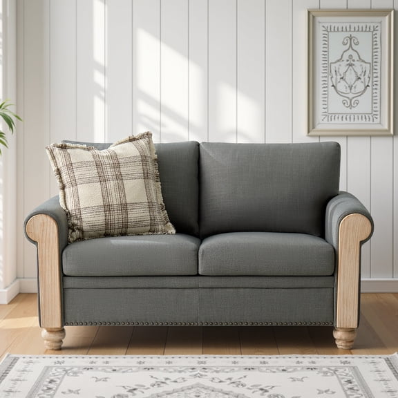 Charcoal Two-Seater Farmhouse Sofa with Rolled Wide Arms,Solid Wood Accents For Cozy Living Room, Family Room, Reading Nook and Farmhouse Decor BLUE