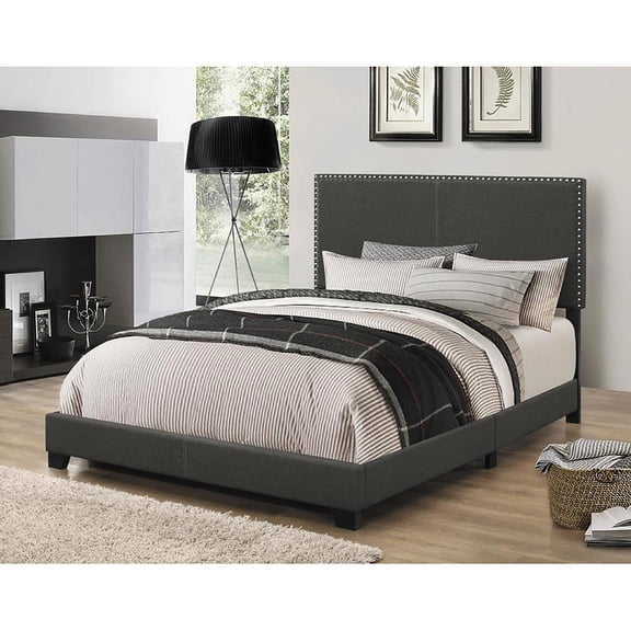 Charcoal Upholstered Full Bed With Solid Wood Base And Decorative Details Size Cover Wooden Structure