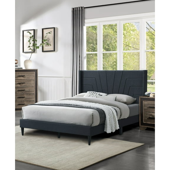 Charcoal Upholstered Platform Bed Frame - Queen Size, Burlap Fabric Headboard with Geometric Lines - Transitional Master Bedroom Furniture, 85" L x 62" W x 48" H