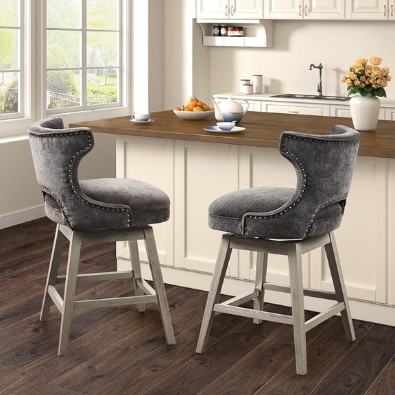 Charcoal Upholstered Swivel Counter Stool with Solid Wood Legs / Beautifies Kitchen and Dining Areas
