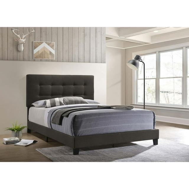 Charcoal Upholstered Tufted Queen Bed with Platform Base