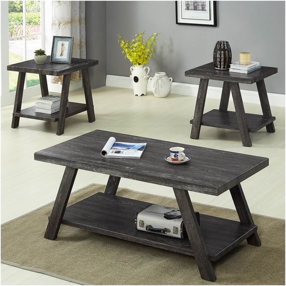 Charcoal Wood Coffee Table Set with Shelf, Industrial End Table for Living Room, Rustic Modern Sofa Table with Storage