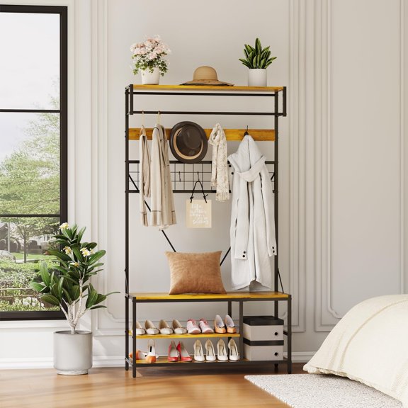 Charcoal Wood Freestanding Hall Tree with Bench, Coat Rack, Hooks & Shoe