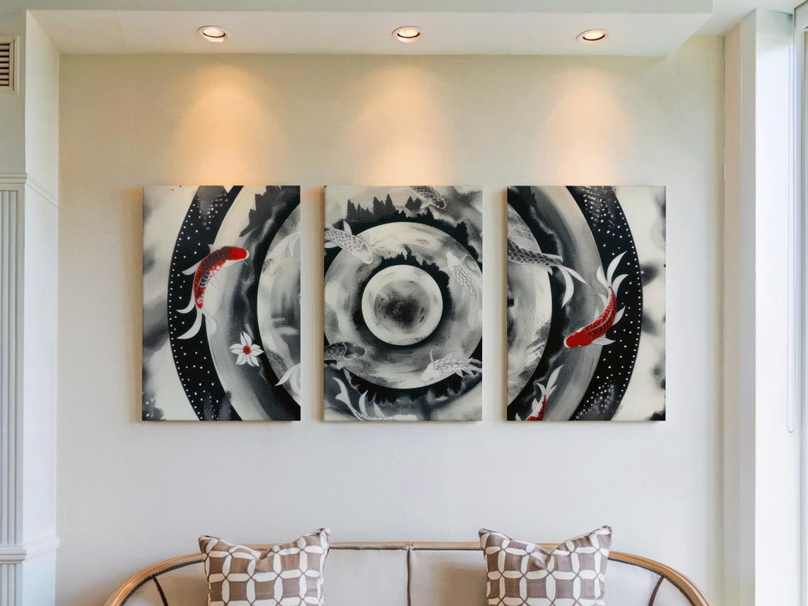Charcoal Zen Mandala Prints Set Of 3, Mountain Koi Spiritual Wall Art ...