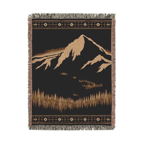 Charcoal and Beige Mountain Pine Forest Woven Throw Blanket, 100% Cotton, Rustic Lodge Decor