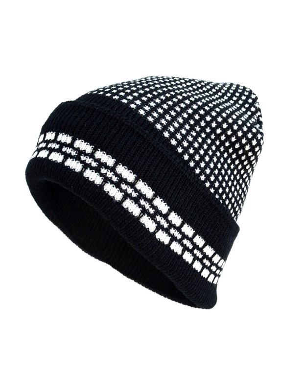 Charcoal and White Pattern Plush Fleece Lined Men's Cap -Heavy Duty Winter Outdoor Beanie Hat