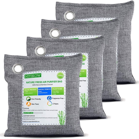 Charcoal bag deodorant (large, 4 packs 200 grams), naturally fresh bamboo charcoal air purification bag, activated carbon deodorant suitable for home, car, wardrobe, pet, basement odor eliminator-gra