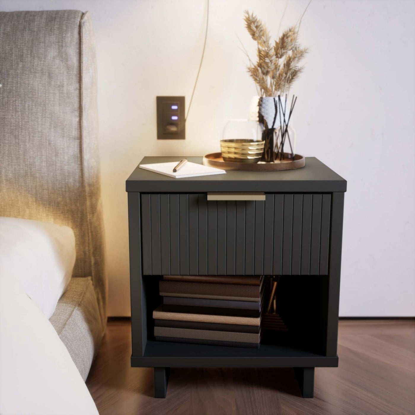 Charcoal grey Nightstand, Modern Contemporary Bedside Table with 1 Drawer, Solid Wood Ribbed Drawer Front and Gold Handle, Glam Storage End Table for Bedroom Living Room