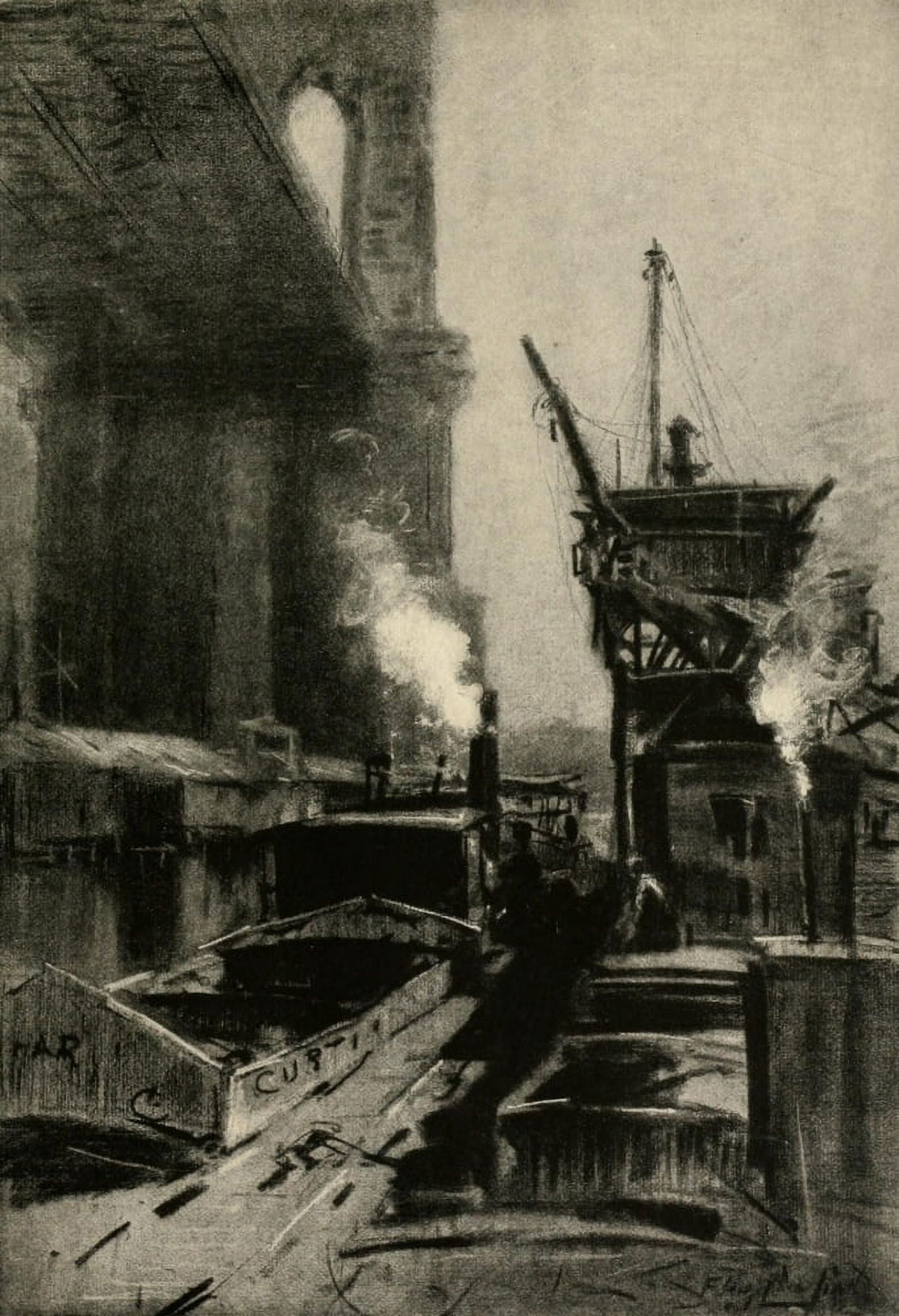 Charcoals of New & Old New York 1912 Brooklyn Bridge Canvas Art - Francis Hopkinson Smith (24 x 36)