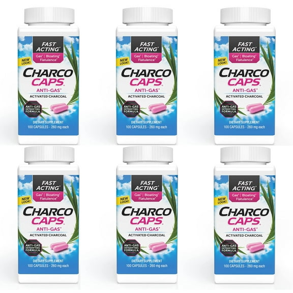 Charcocaps Dietary Supplement Anti-Gas Formula, 100 ct, 6 Pack