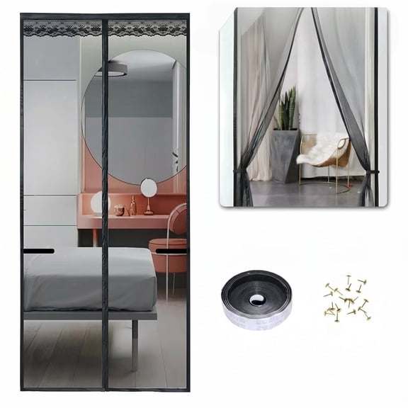 Charcrocsm Magnetic Screen Door, 35 x 90 in, Retractable Screen Door Mesh for Front Door or Sliding Door, Pet & Kid Friendly, Hands-Free Closure, Keeps Bugs Out & Lets Breeze in, Black