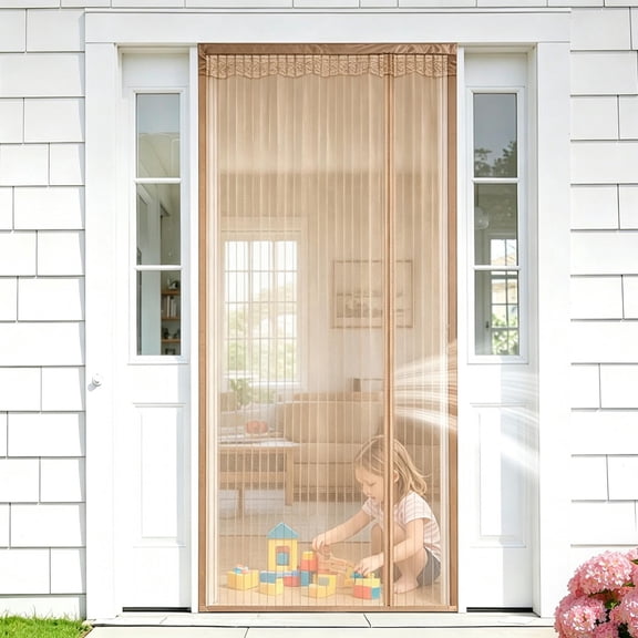 Charcrocsm Magnetic Screen Door Mesh, Side Opening Brown Striped Door Screen with Magnetic Closure, 95x210cm