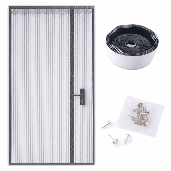 Charcrocsm Magnetic Screen Door Mesh, Side Opening Grey Striped Door Screen with Magnetic Closure, 95x210cm, Anti-Mosquito Magnet Net for Patio and Kitchen, Easy Install with Velcro
