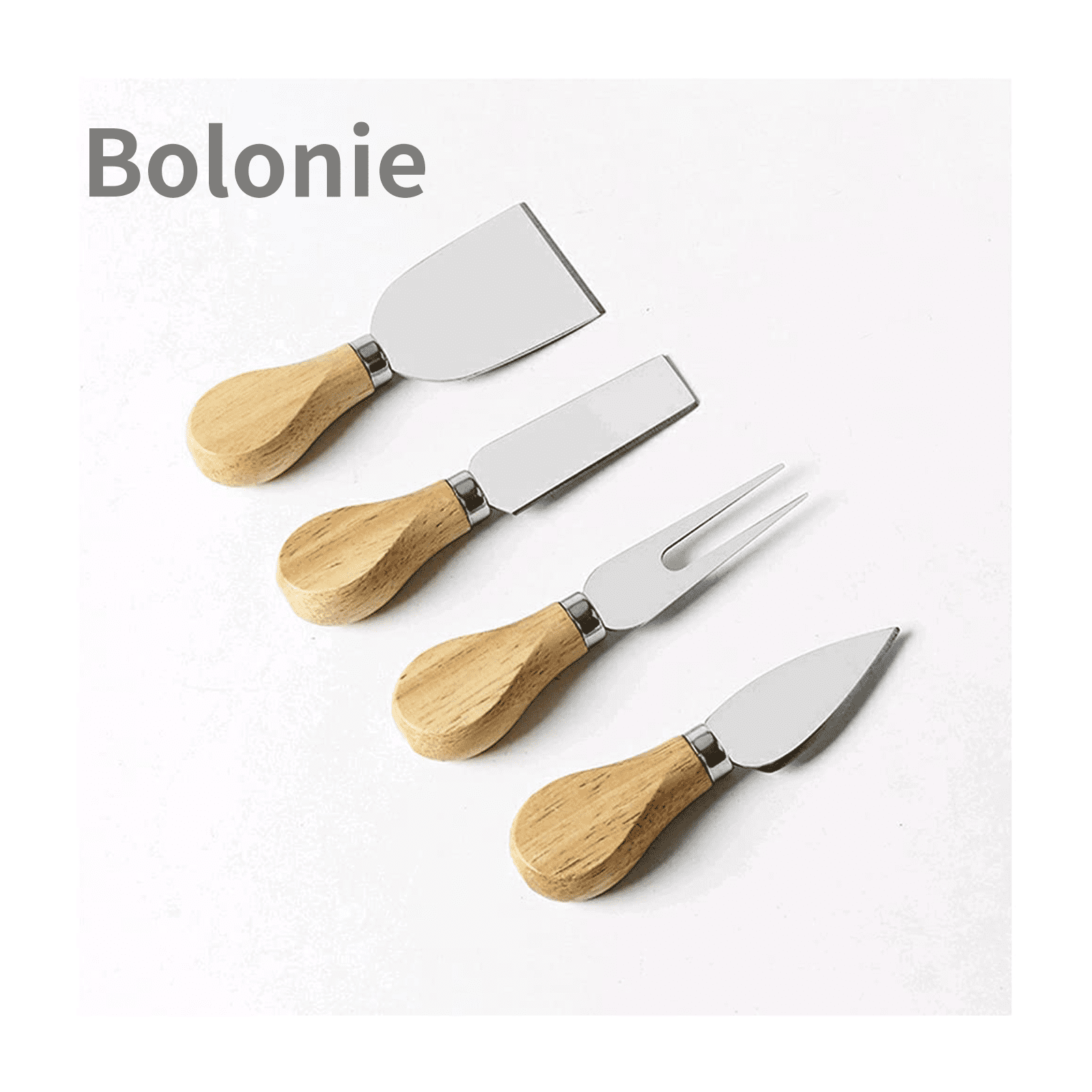 Charcuterie Accessories, 4 PCS Bolonie Cheese Knives Set with Wood Handle, Stainless Steel Cheese Cutter (Cheese Knife, Shaver, Fork and Spreader) for Charcuterie Board Accessories, Bolonie