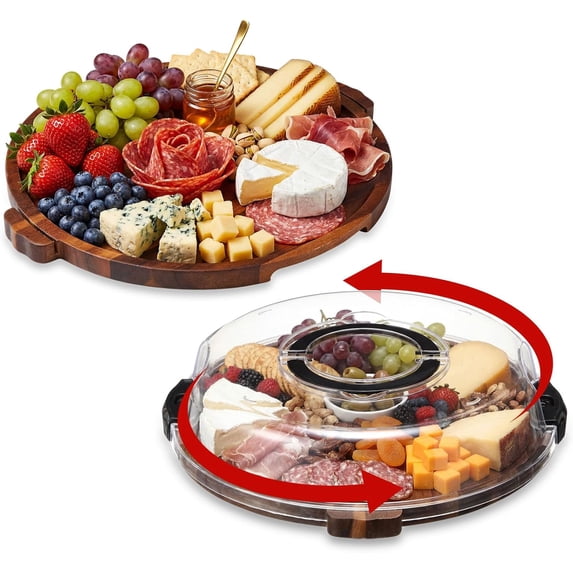 Charcuterie Board, 13.5" Rotation Acacia Wood Serving Tray with Clear Locking Lid Round Portable Lazy Susan Cheese Board Meat Fruit Tray Platter for Picnic, Housewarming Gift, Party Supplies