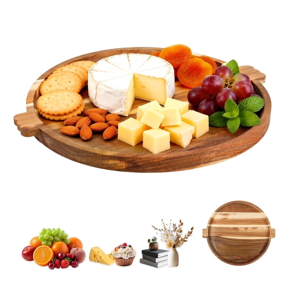Charcuterie Board 13'' Round Acacia Wood Serving Tray with Handles Portable Cheese Board for Party Wedding Appetizer