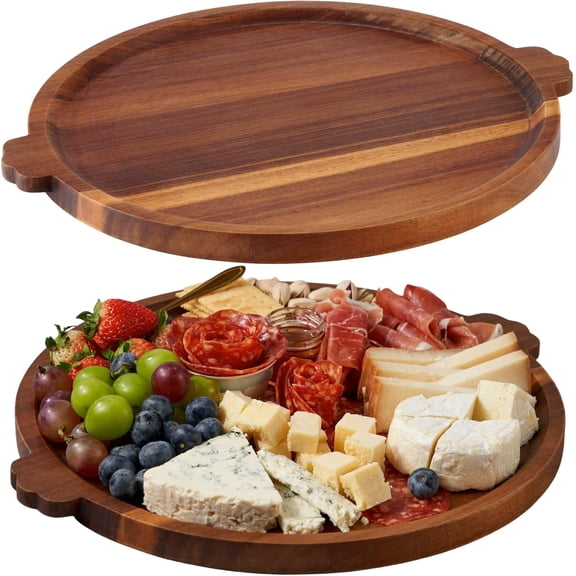 Charcuterie Board | Acacia Wood Serving Tray with Handles 13'' | Round Decorative Ottoman Coffee Table Tray | Medium Wooden Cheese Board Serving Platter for Party Supplies