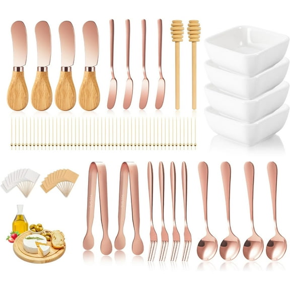 Charcuterie Board Accessories with 3 Oz Ceramic Dip Bowls, Wooden Handle Rose Gold Cheese Spreader Butter Knive Set Kit, Mini Tongs, Spoons, Forks,Honey Dipper, Cocktail Picks