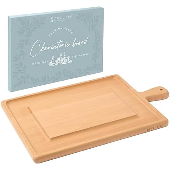 Charcuterie Board - Beech Wood Cutting Board for Kitchen with Groove & Handle, Cheese Board for Vegetables, Bread, Fruits, Meat - Decorative Wooden Serving Tray House Warming Gift