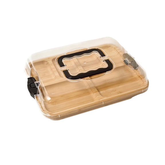 Charcuterie Board with Clear Lid, 15x11'' 6 Compartments Portable Travel Cheese Cutting Boards for Picnic Accessories, Bamboo Serving Tray, House Warming Gifts, Black Handles