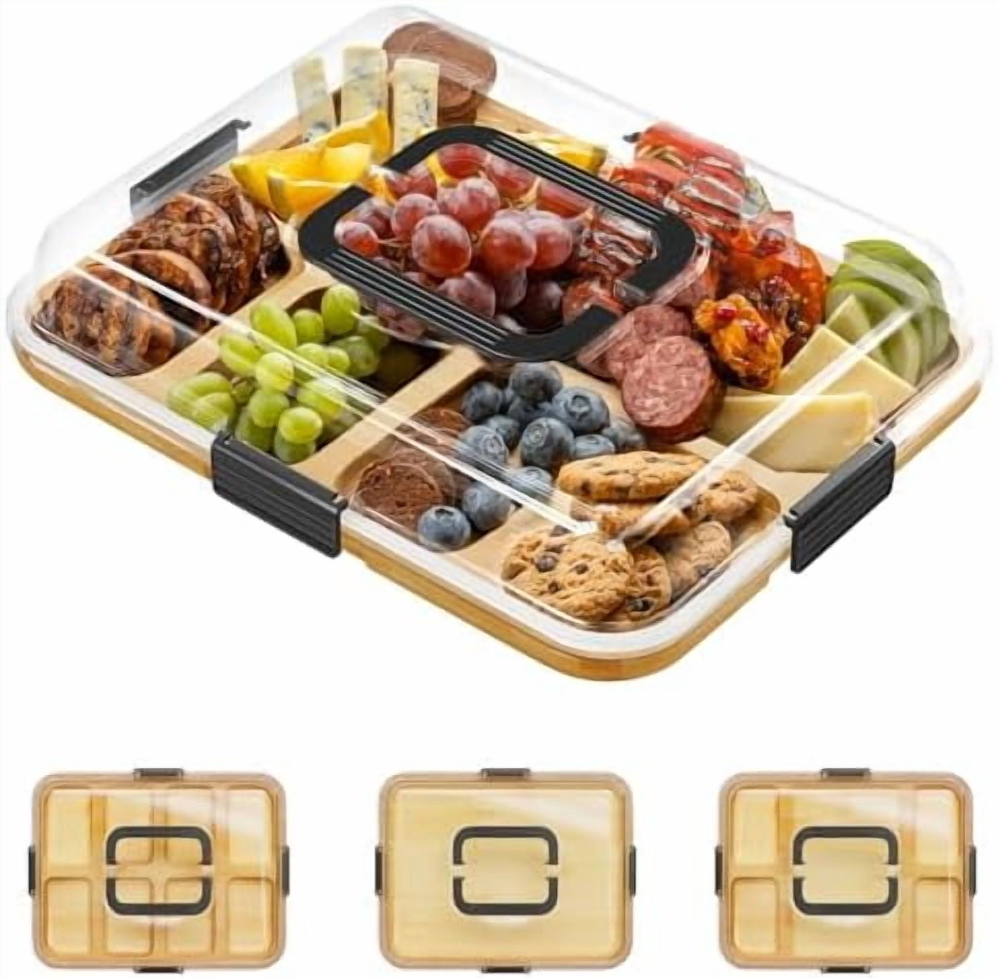 Charcuterie Board with Clear Lid, Portable Travel Cheese Cutting Boards for Picnic Accessories, Bamboo Serving Tray with Lids, House Warming Gifts, Black Handles, 8 Compartments - Walmart.com