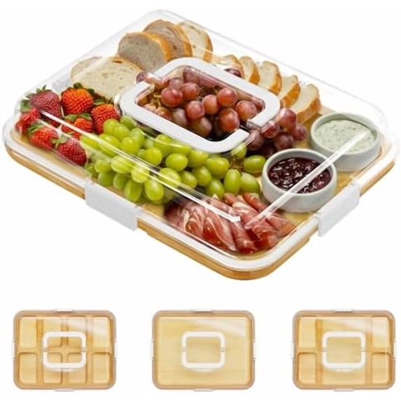 Charcuterie Board with Clear Lid, Portable Travel Cheese Cutting Boards for Picnic Accessories, Bamboo Serving Tray with Lids, House Warming Gifts, White Handles, 1 Compartments