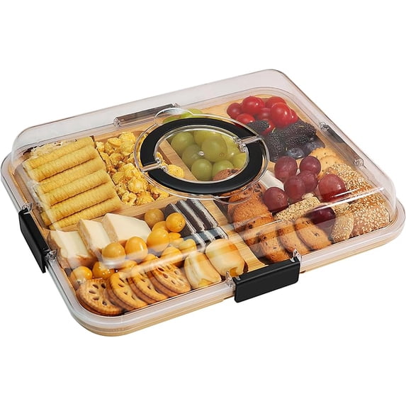 Charcuterie Board with Clear Lid, Travel Portable Cheese Board Charcuterie Boxes Cutting Boards for Kitchen, House Warming Gifts New Home, Gifts for Women (6 Compartments Black)