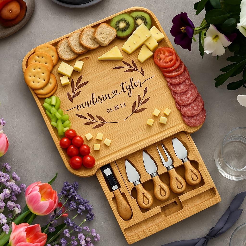 Mr & Mrs Engraved Bamboo Charcuterie Board Set - Wedding Gift For Couples With Cheese Knives