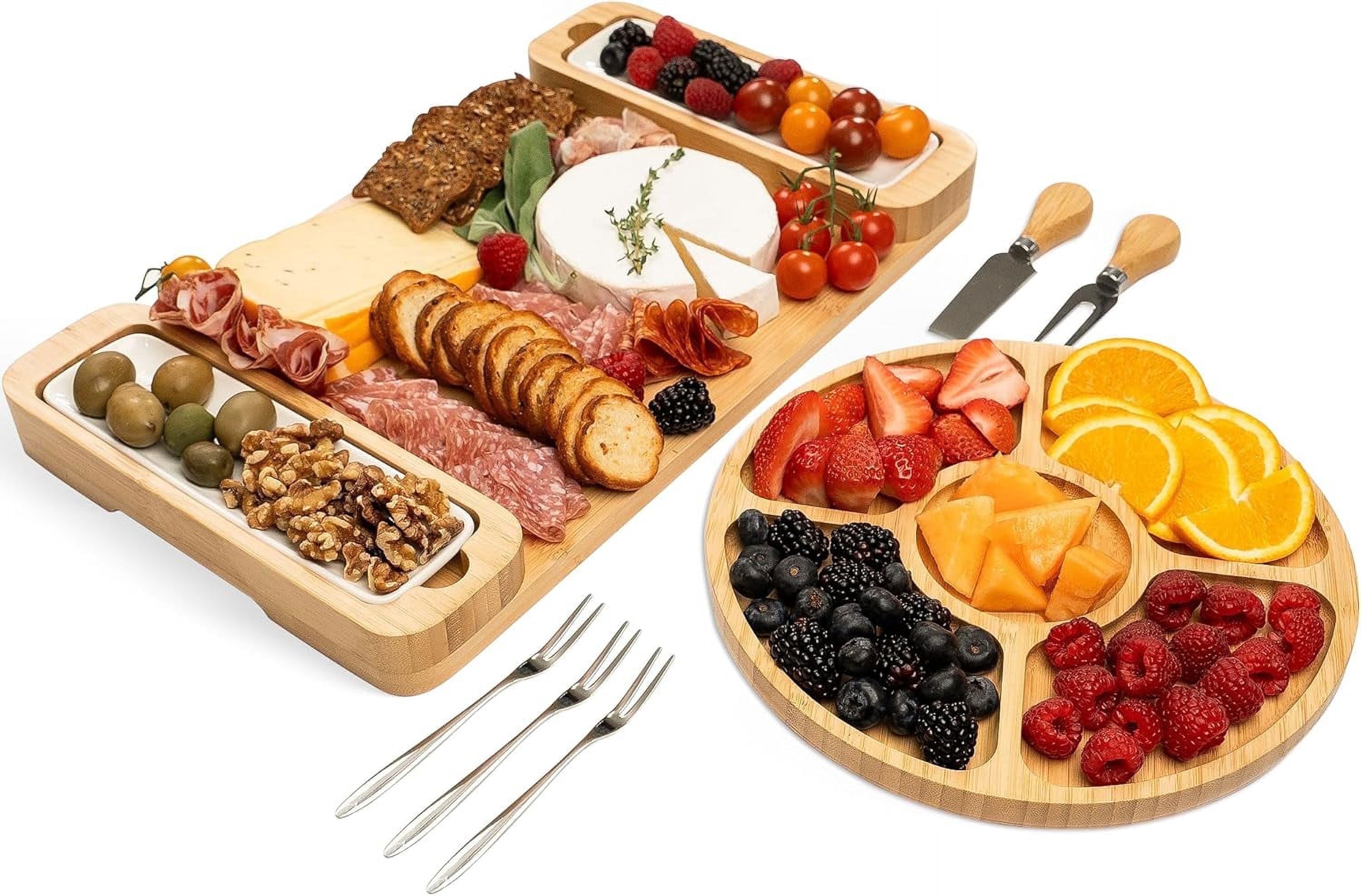 Bambusi Bamboo Charcuterie Board Set, 9 Piece Cheese Platter with Round Tray, Bowls, Knives and Forks, 16.4 x 9.8 Inches
