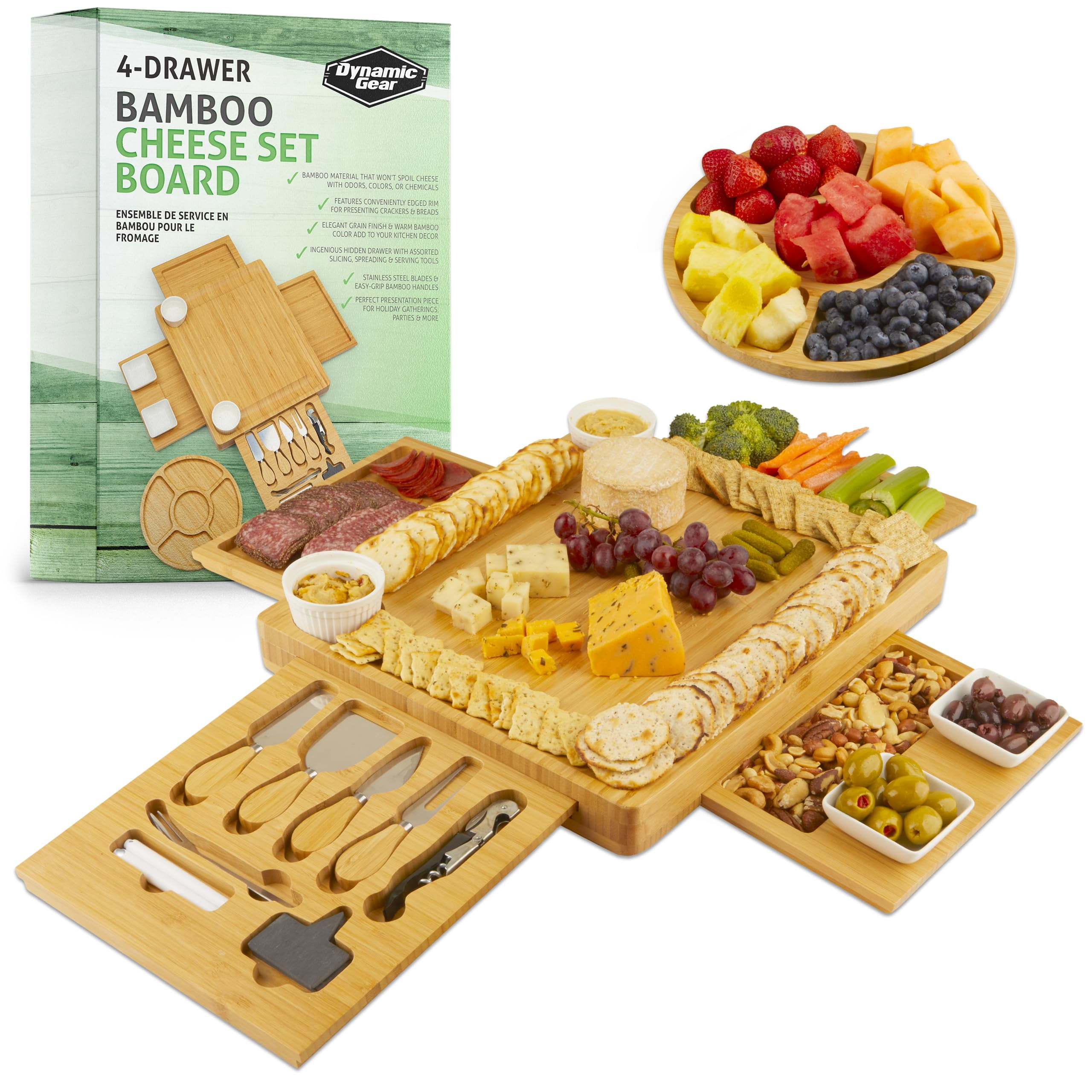 Expandable Bamboo Cheese Board Set with Stainless Steel Utensils