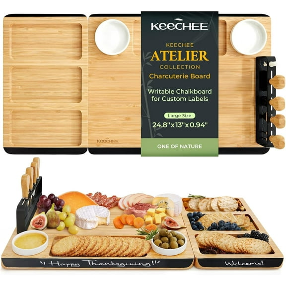 KeeCHEE Bamboo Cheese Board Set with Chalkboard Edge and Forks – Large Serving Charcuterie Board