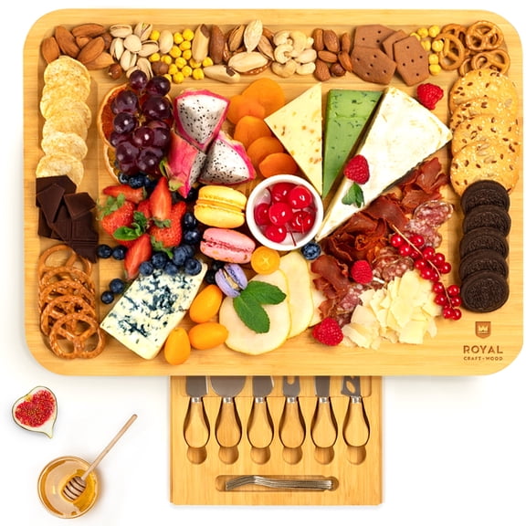 Royal Craft Wood Charcuterie Board with Knife Set - Bamboo Serving Platter with 12-Piece Cutlery Set & Charcuterie Board Tray (17" x 13" x 1.2")