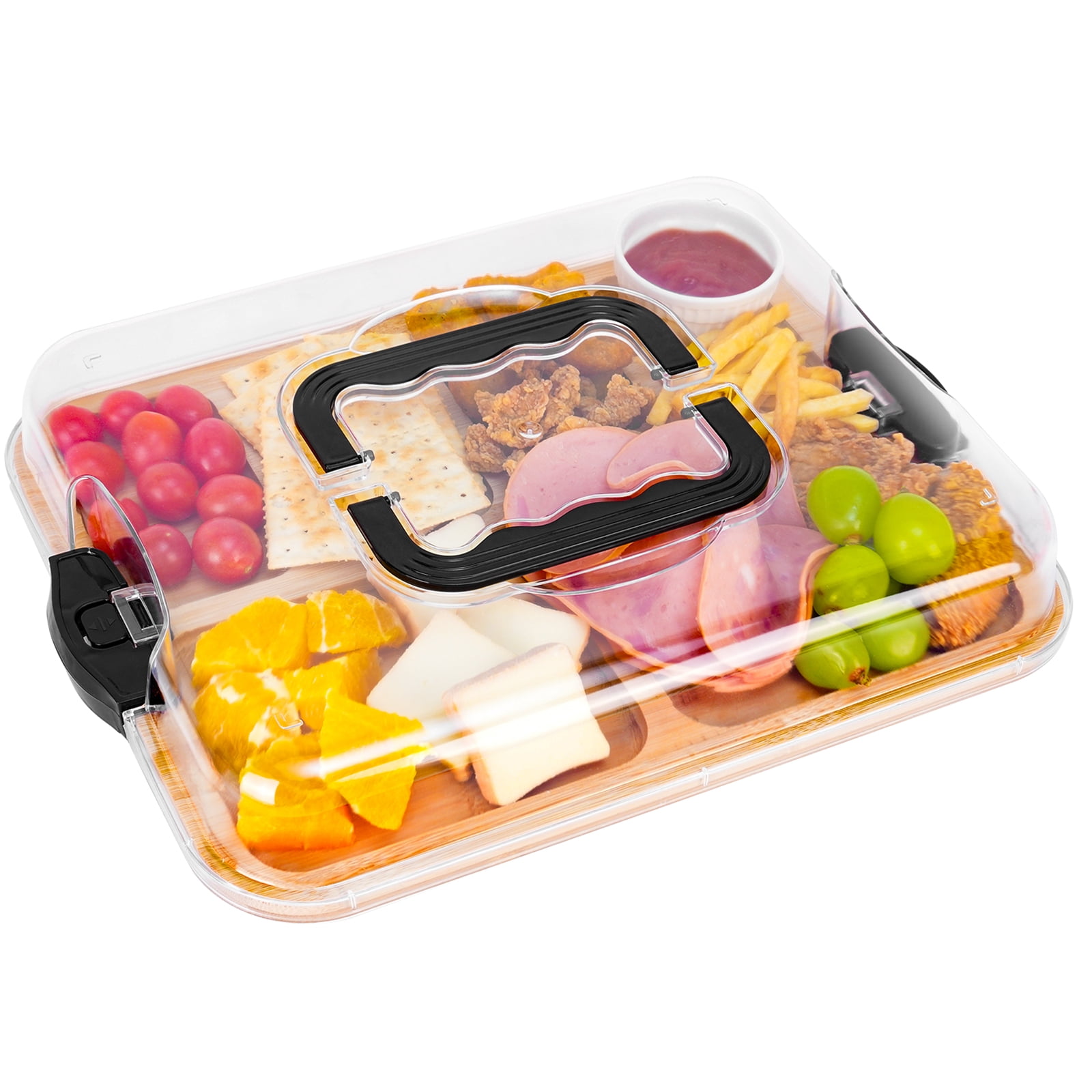 HUAXUS Charcuterie Board with Lid, 6-Compartment Travel Cheese Board with Handle, Bamboo Dessert Dish for Kitchen, Trays for Domestic Purposes