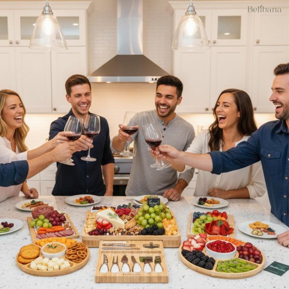 Charcuterie Board Set, Bamboo Cheese Serving Platter with 3 Ceramic Dishes, 2 Round Snack Trays, Hidden Knife Drawer & Accessories