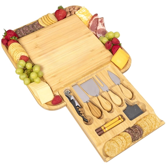 Charcuterie Board Set with Knife Drawer – Large Bamboo Cheese Board Set with Knives, Serving Board for Meat, Cheese & Appetizers – Housewarming & Wedding Gift