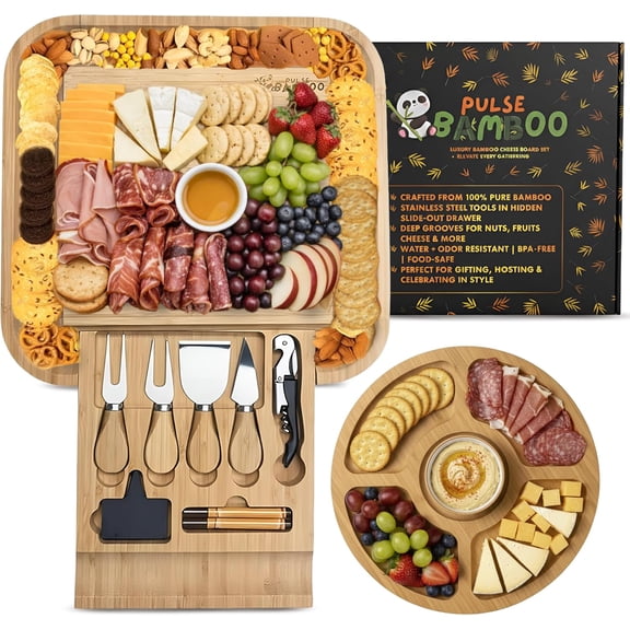 Charcuterie Board Set Premium Bamboo Cheese Board with Slide-Out Drawer Complete Hosting Set for Party Nights & Parties Perfect Housewarming Gift and Wedding Gift for Couples