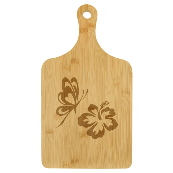 Charcuterie Board With Handle Cheese Board Bamboo Cutting Board Gift Butterfly and Hibiscus (Standard 15.5 x 9)