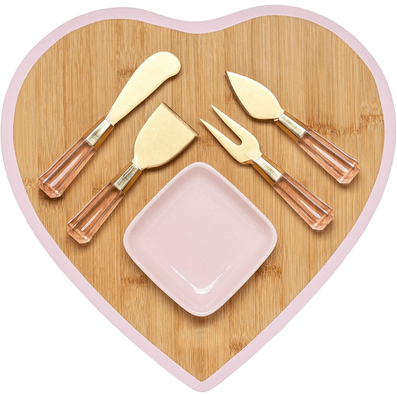 Charcuterie Board and Serving Set, Bamboo Serving Board, Ceramic Dish, Cheese Utensils with Titanium Coated Blades, 6-Piece Set, Pink