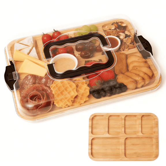 Charcuterie Board with Lid, Cheese Board with Built-in Compartments & Handle, Portable Cutting Board for Kitchen and Picnics