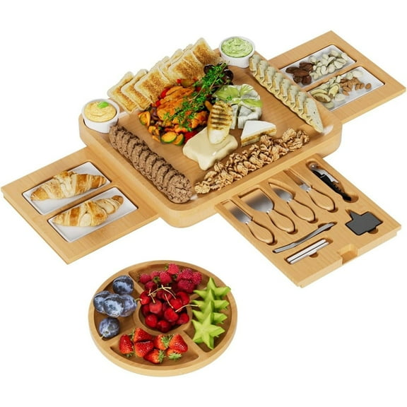 Charcuterie Boards Gift Set, Charcuterie Board, Charcuterie/Cheese Boards and Knife Set, Bamboo Wine Meat Cheese Tray Platter, O