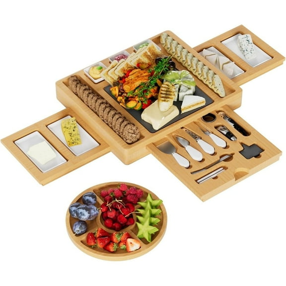Charcuterie Boards Gift Set, Charcuterie Board, Charcuterie/Cheese Boards and Knife Set, Bamboo Wine Meat Cheese Tray Platter, O