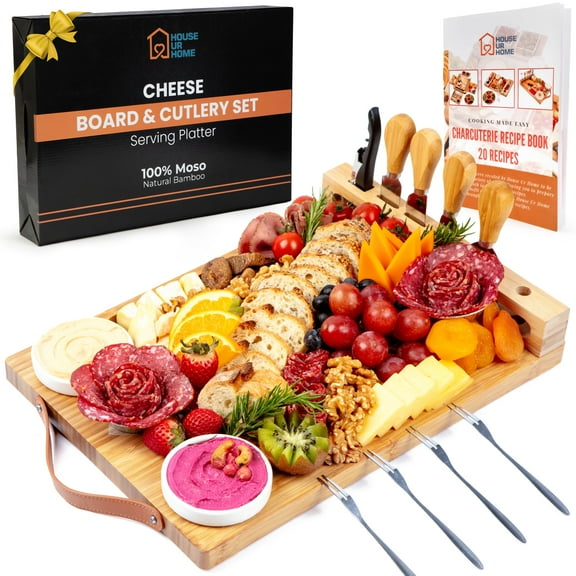 House Ur Home - Bamboo Charcuterie Boards Gift Set with Leather Handles, Knife Set, Wine Opener, Ceramic Bowls & Forks & Recipe Book