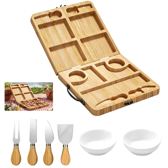 Large Wood Cheese Board Set, Foldable Charcuterie Board with Dip Bowls, Cheese Servers, and Handle, Divided Snack Serving Platter for Fruit, Bread, Crackers, Appetizers