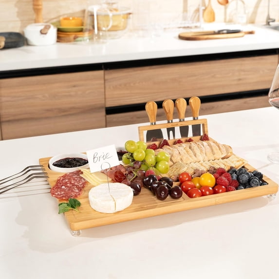 Charcuterie Boards Set with Knives, Bamboo Cheese Board, Charcuterie Platters with Compartments, Serving Boards for Gifts
