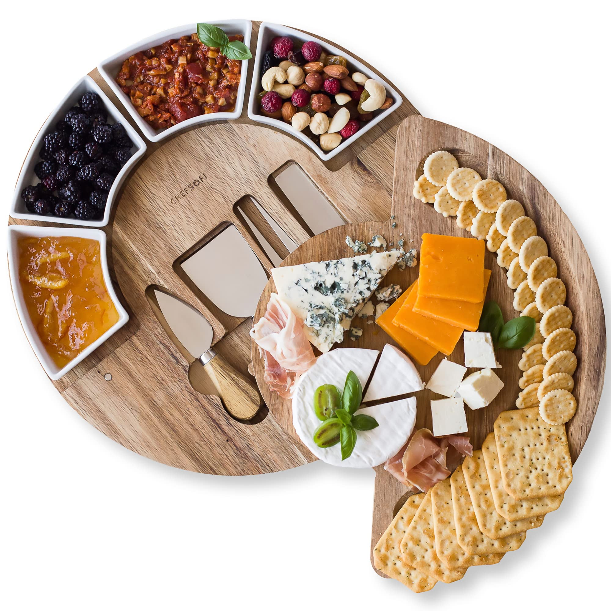 Acacia Wood Round Charcuterie Cheese Board Set with Ceramic Bowls