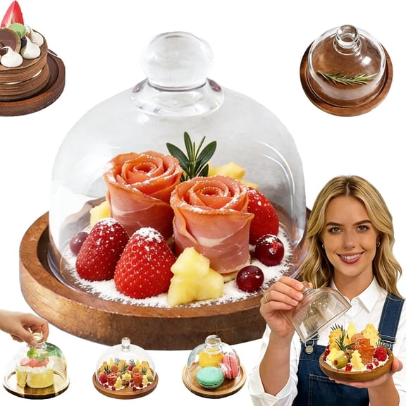 Charcuterie Snow Globe Container with Lid, Cloche Dome Clear Glass Dessert Cheese Serving Tray, Cupcake Stand with Acacia Wood Base - Versatile Platter for Entertaining and Decoration (1PC)